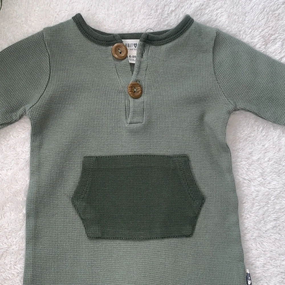Rabbit + Bear Green Baby Romper with Pocket 6-9M Organic Cotton EUC
